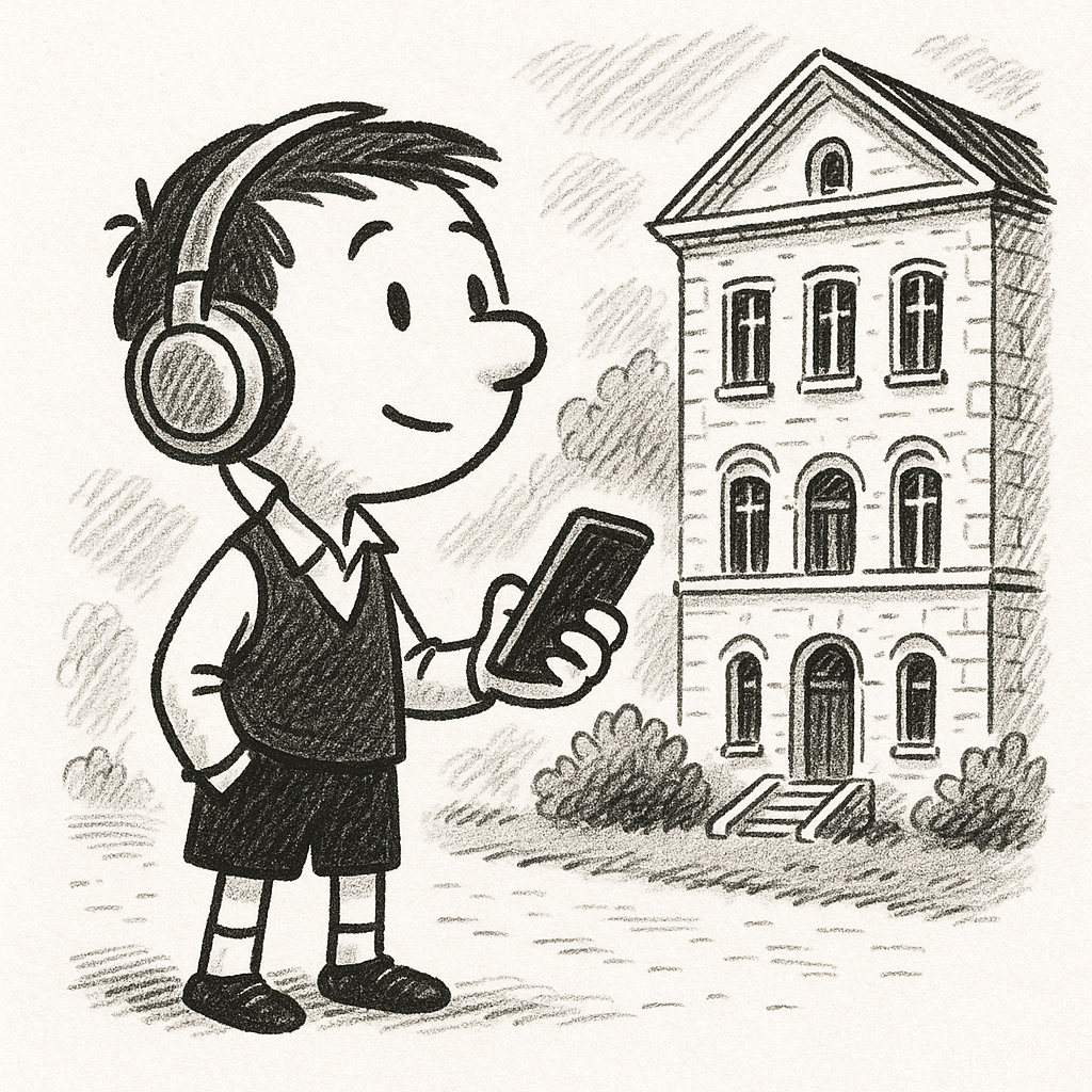 Illustration d'un personnage à la découverte du patrimoine avec un smartphone a la main et un casque audio sur les oreilles